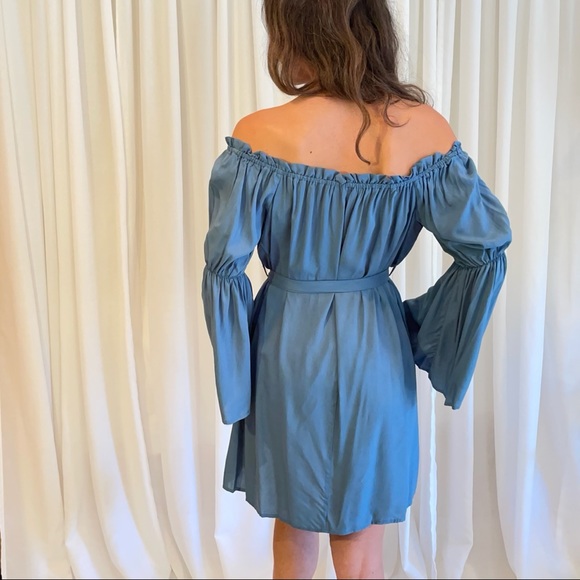 Dusty Blue Bell Sleeve Off the Shoulder - Picture 3 of 5